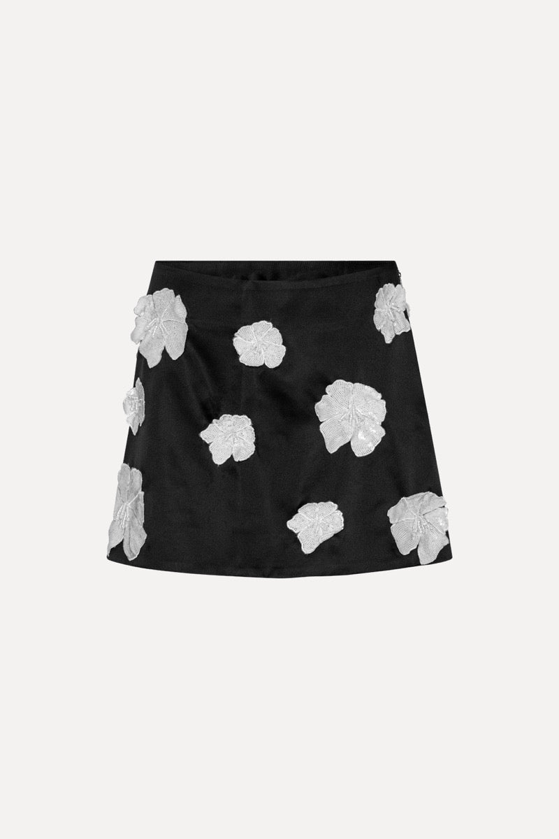 Flower Satin Mini Skirt - Black