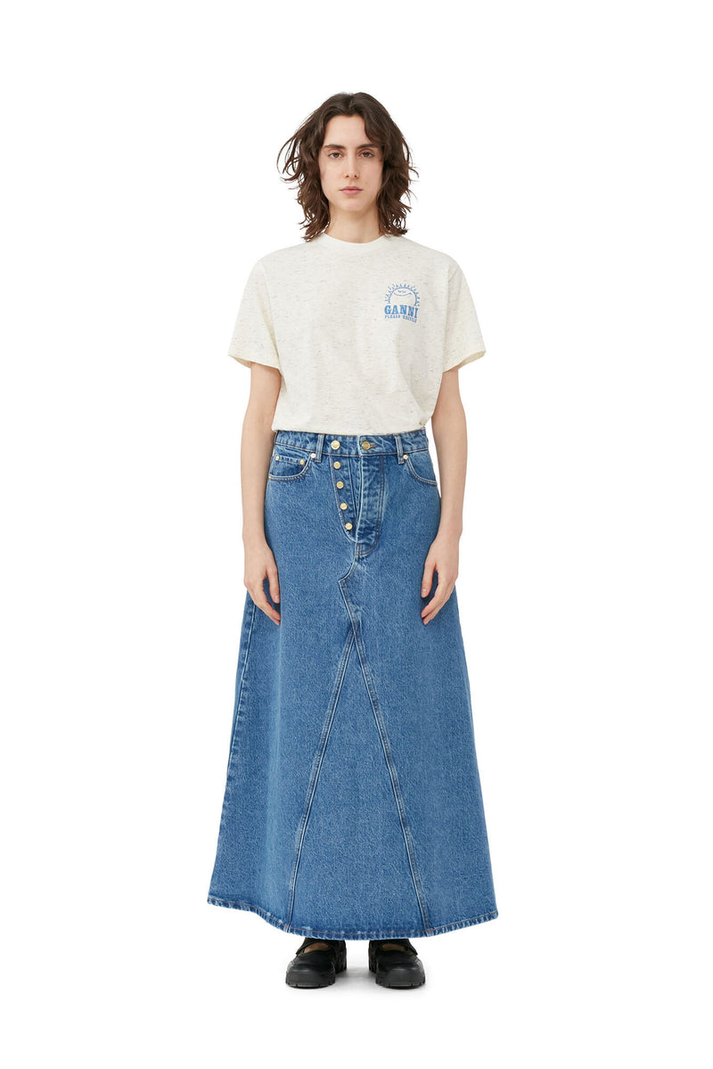 Overdyed Cutline Denim Fly Maxi Skirt - Mid Blue