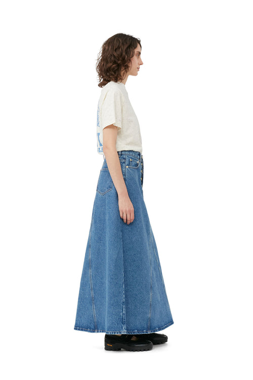 Overdyed Cutline Denim Fly Maxi Skirt - Mid Blue