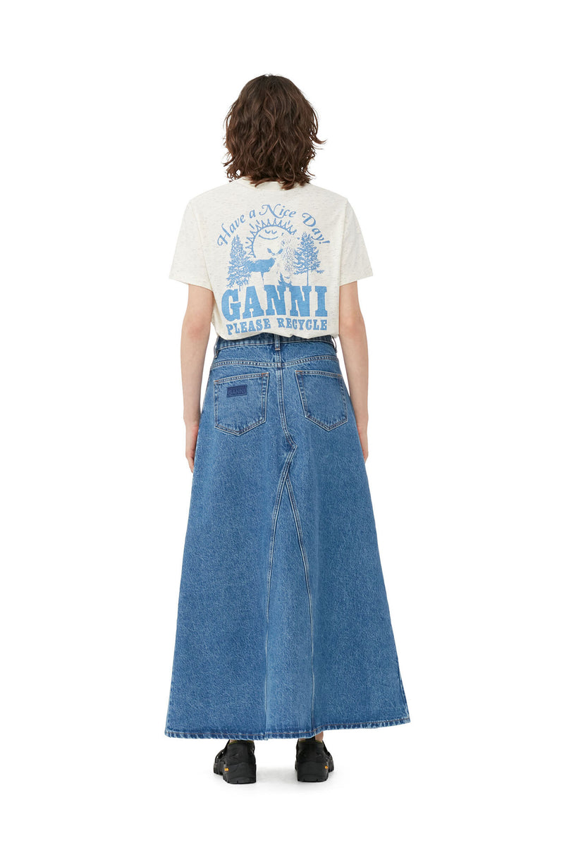 Overdyed Cutline Denim Fly Maxi Skirt - Mid Blue