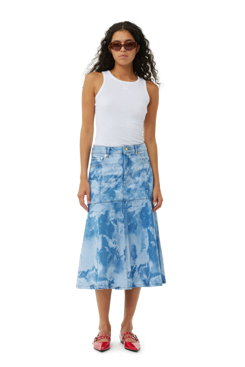 Bleach Denim Flounce Midi Skirt - Light Blue Stone