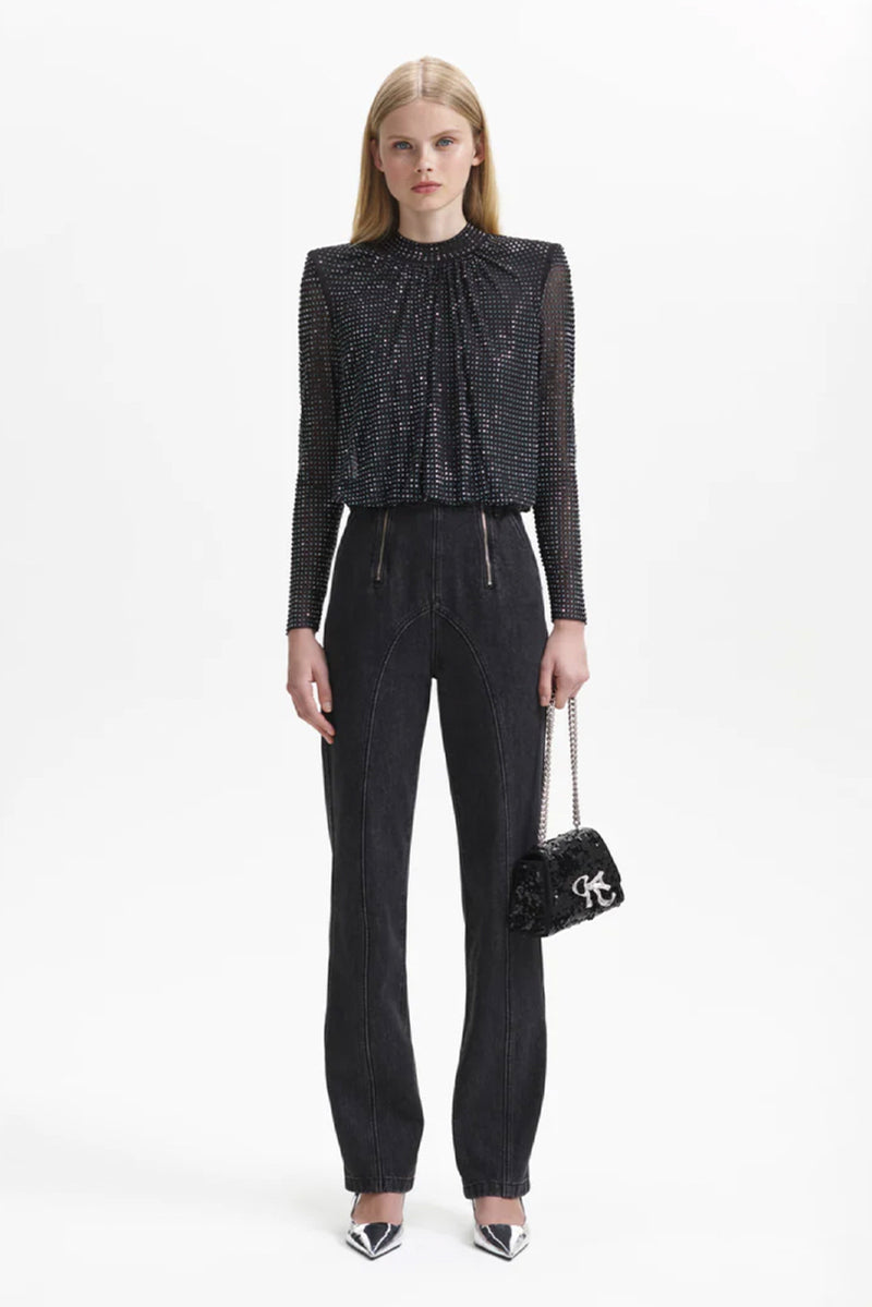 Rhinestone Mesh Top - Black