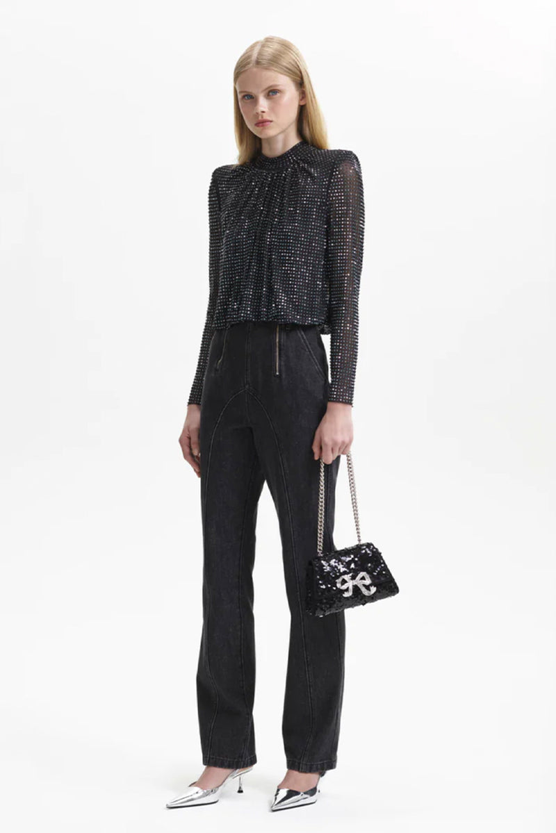 Rhinestone Mesh Top - Black