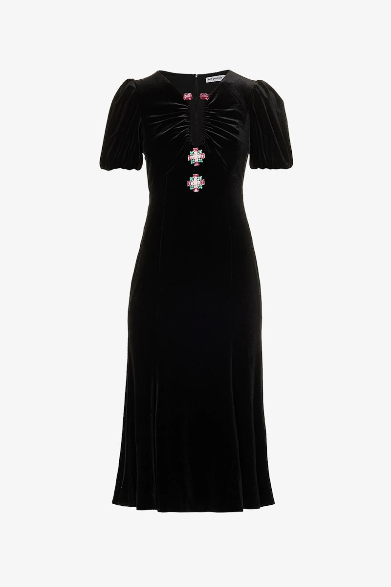 Velvet Embellished Midi Dress - Black