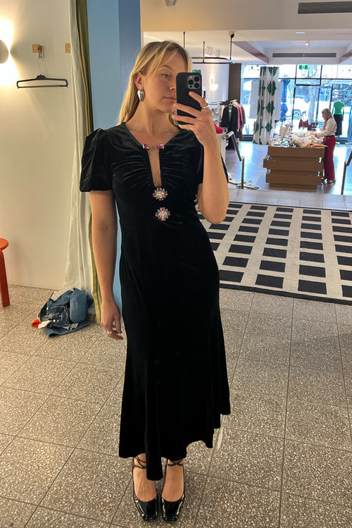Velvet Embellished Midi Dress - Black