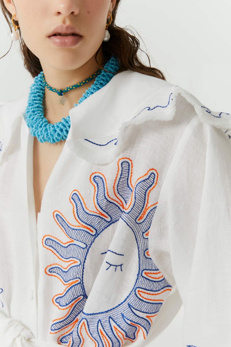 Hemp Dress with Embroideries - White
