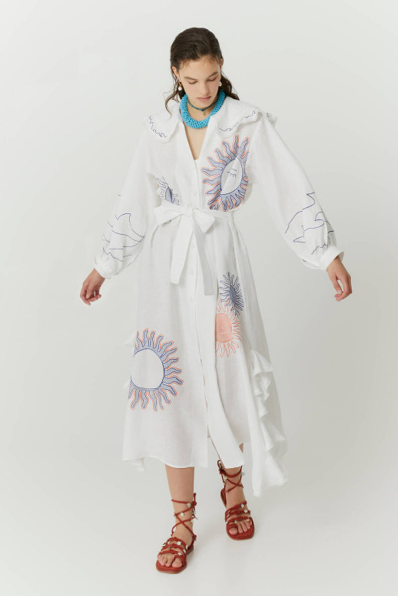Hemp Dress with Embroideries - White