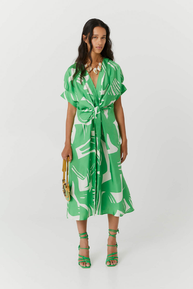 Dress in Printed Silk - Green Macro Print