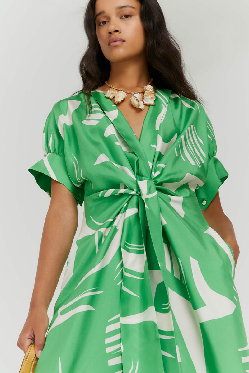 Dress in Printed Silk - Green Macro Print