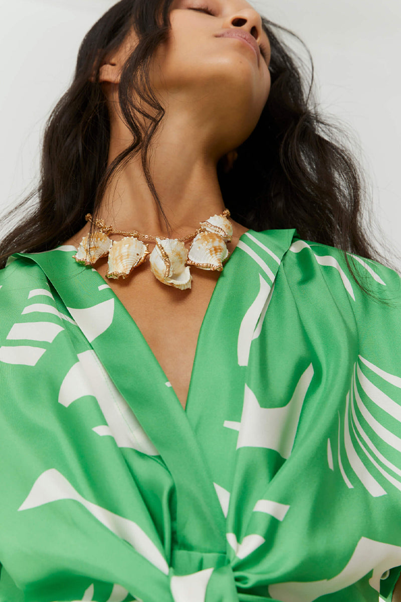 Dress in Printed Silk - Green Macro Print