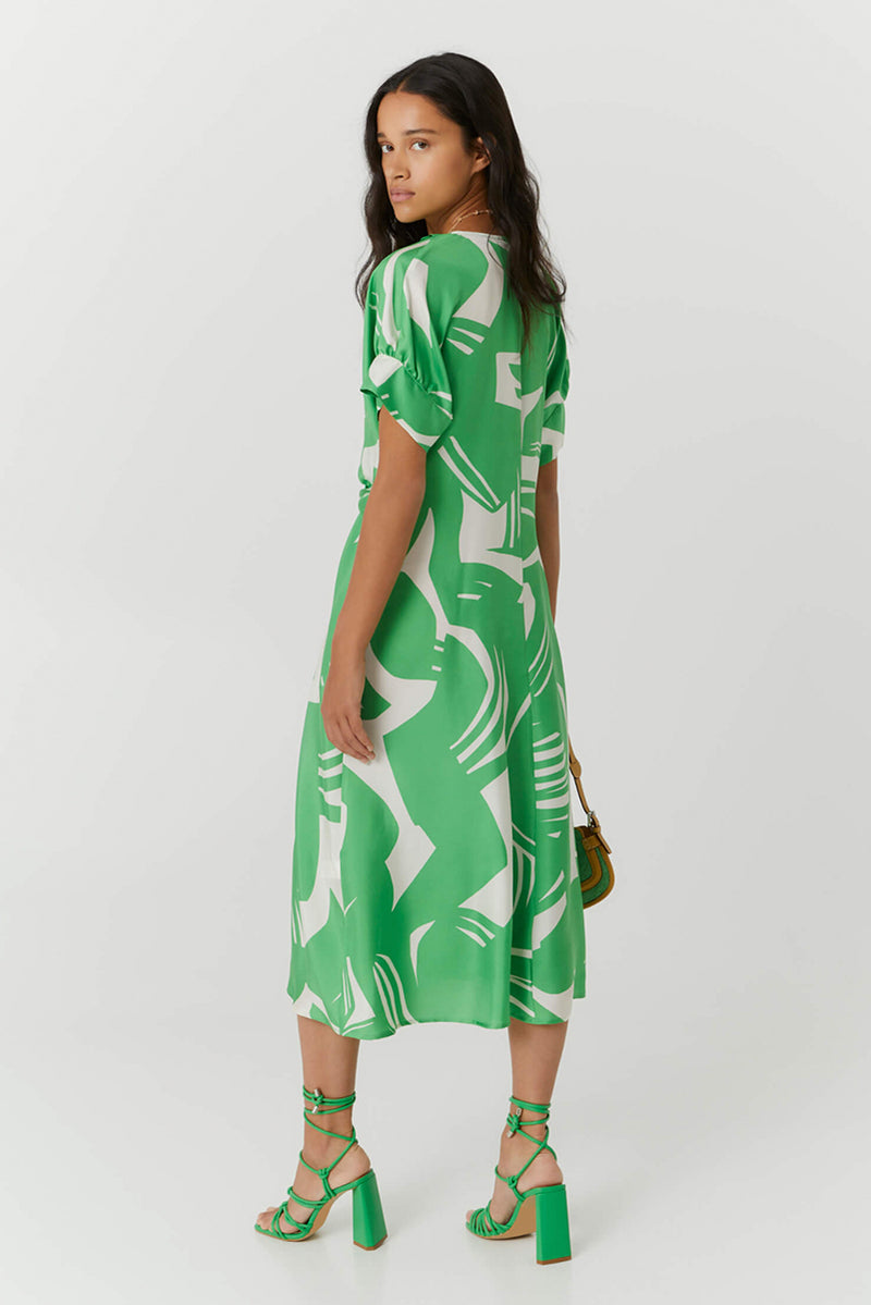 Dress in Printed Silk - Green Macro Print
