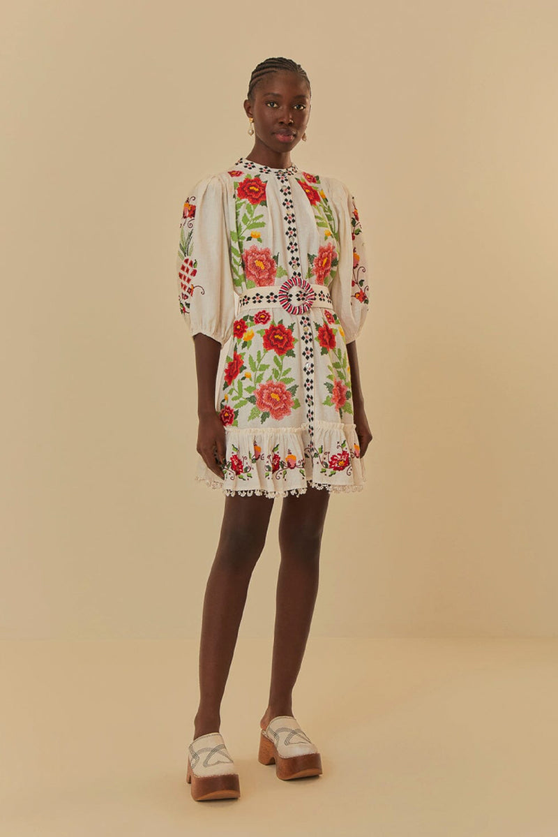 Embroidered Carmina Short Sleeve Dress - Off White