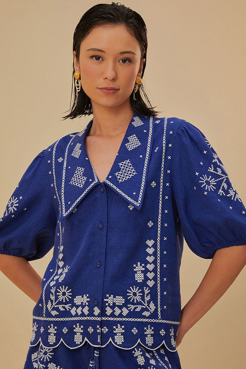 Embroidered Short Sleeve Shirt - Navy Blue