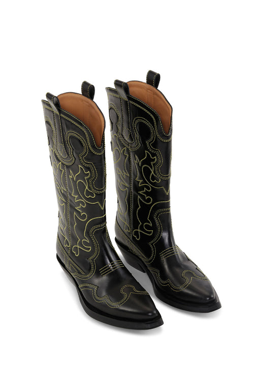 Mid Shaft Embroidered Western Boot - Yellow Stitching