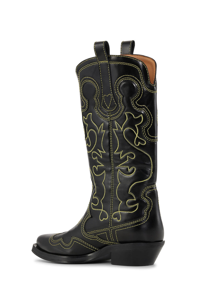 Mid Shaft Embroidered Western Boot - Yellow Stitching