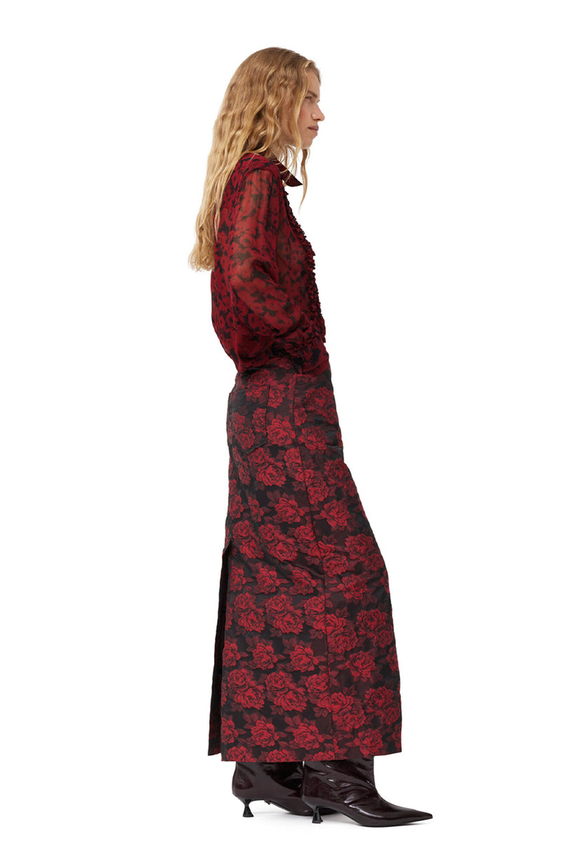 Botanical Jacquard Long Skirt - High Risk Red