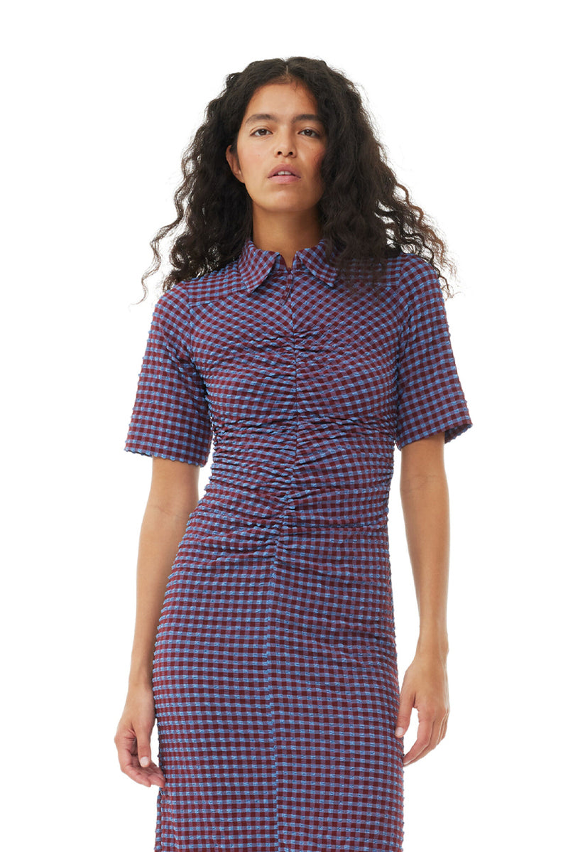 Stretch Seersucker Fitted Dress - Racing Red