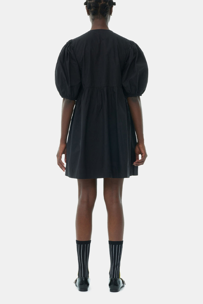 Cotton Poplin Tie String Mini Dress -Black