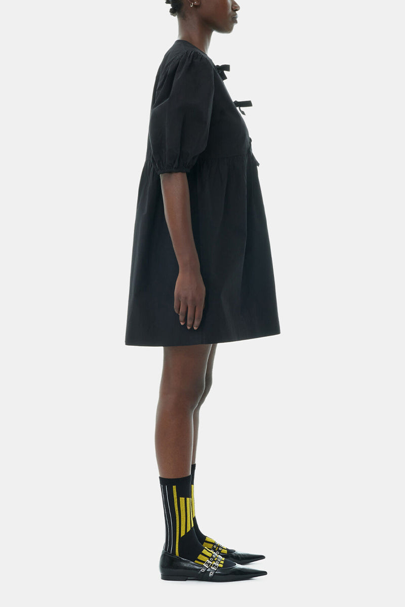 Cotton Poplin Tie String Mini Dress -Black