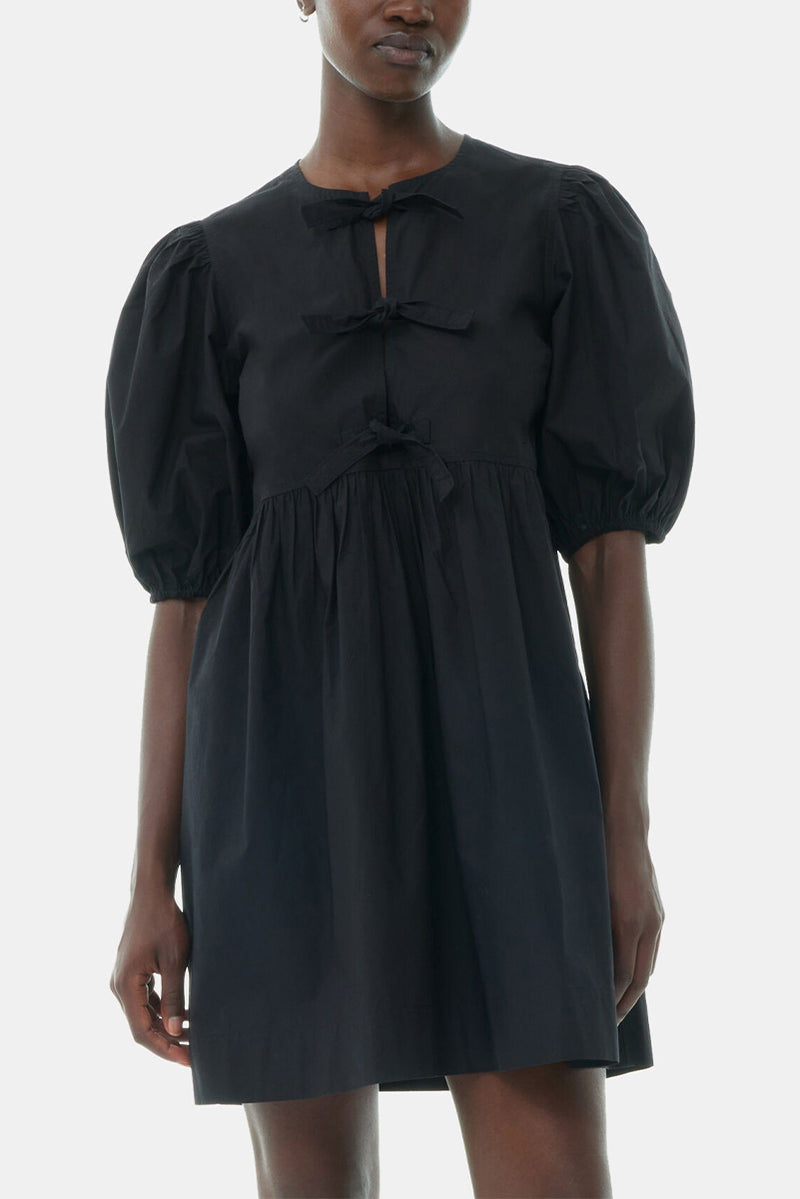 Cotton Poplin Tie String Mini Dress -Black