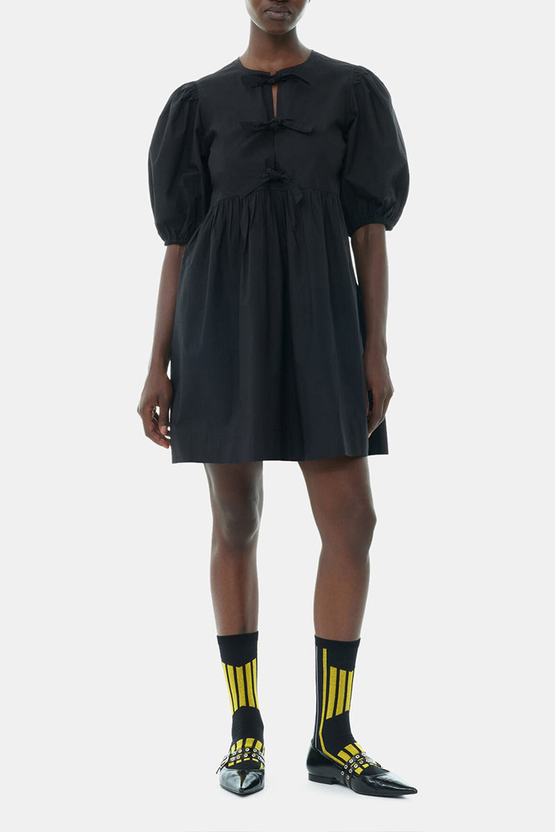 Cotton Poplin Tie String Mini Dress -Black