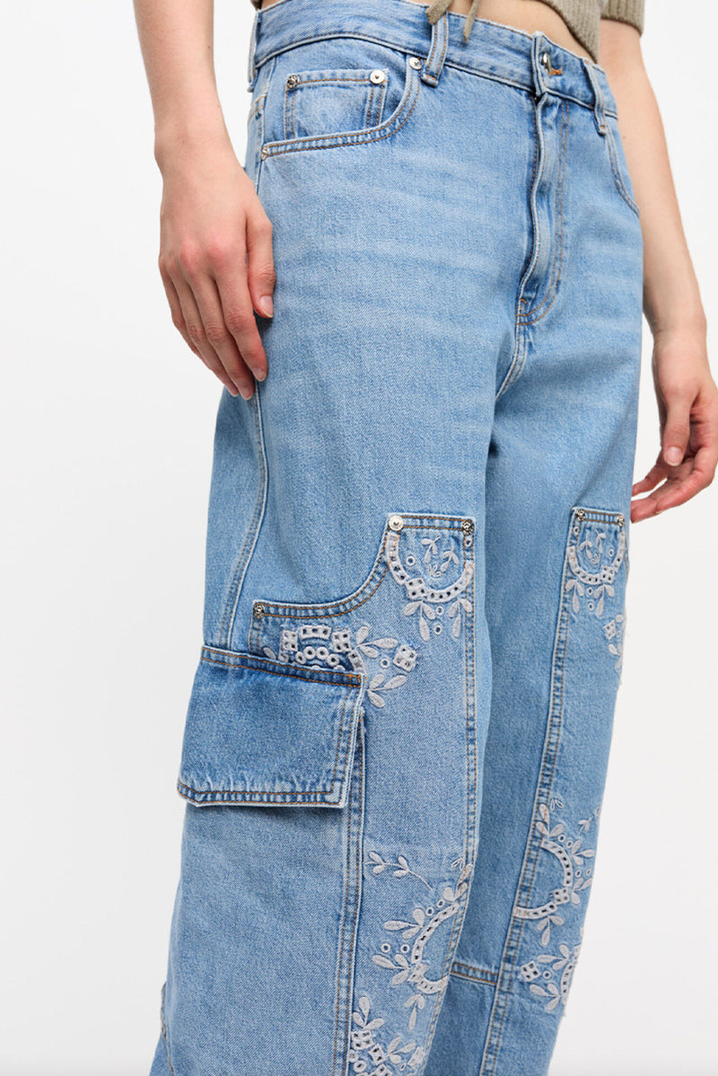 Broderie Anglaise Denim Carpenter Jeans - Light Blue Stone