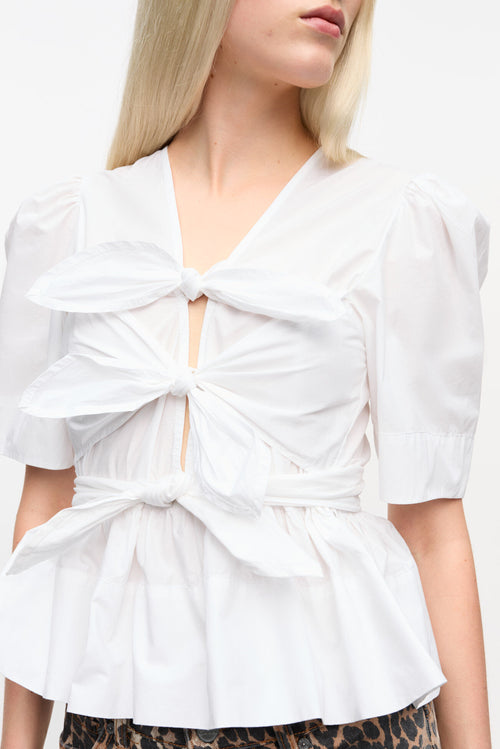 Washed Stretch Cotton Tie Strap Blouse - White