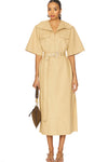 Classic Summer Suiting Cowl Neck Long Dress - Pale Khaki