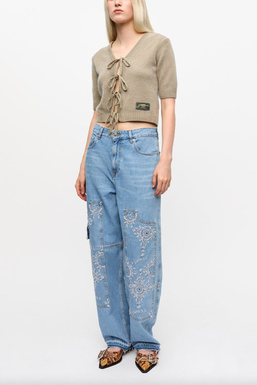 Broderie Anglaise Denim Carpenter Jeans - Light Blue Stone