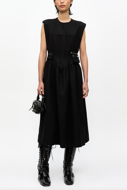 Heavy Cotton Tailoring Corset Midi Dress - Black