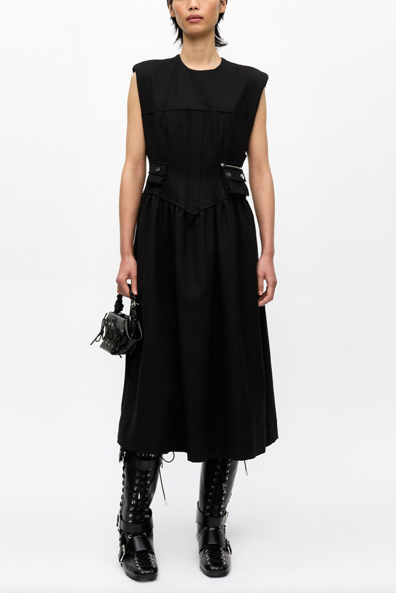 Heavy Cotton Tailoring Corset Midi Dress - Black