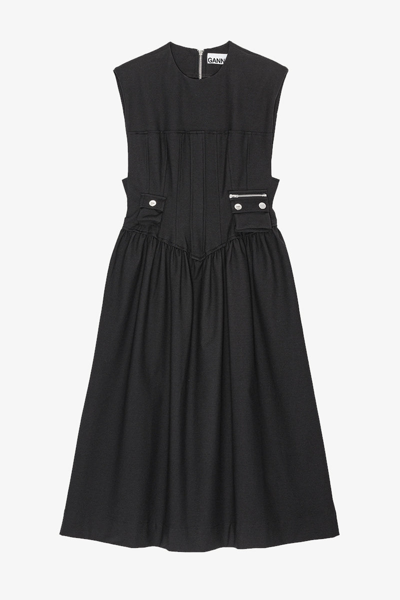 Heavy Cotton Tailoring Corset Midi Dress - Black