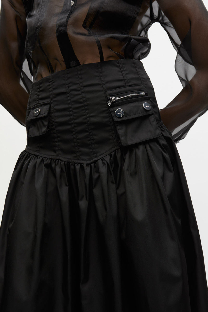 Duchesse Nylon Long Pocket Skirt - Black