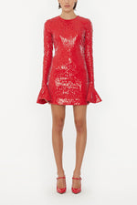 Sequins Ls Mini Dress - Racing Red