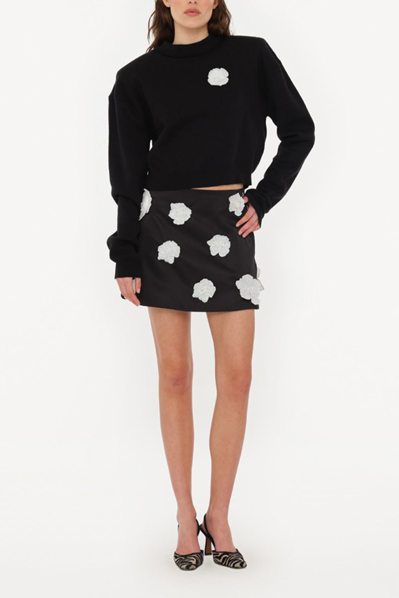 Flower Satin Mini Skirt - Black
