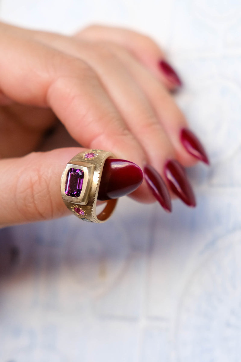 Purple Garnet Armour Ring -14k Yellow Gold