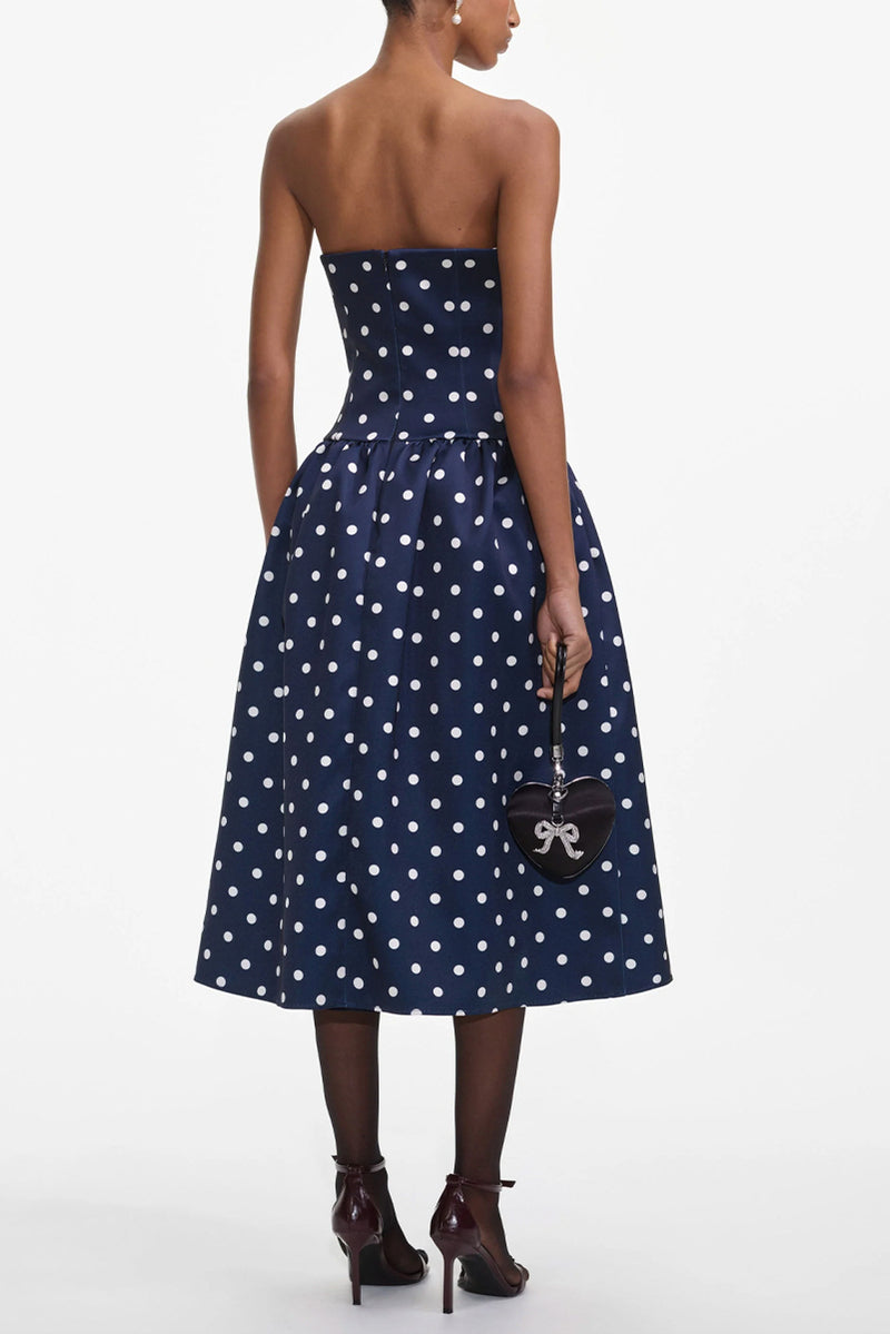 Polka Dot Satin Midi Dress - Navy
