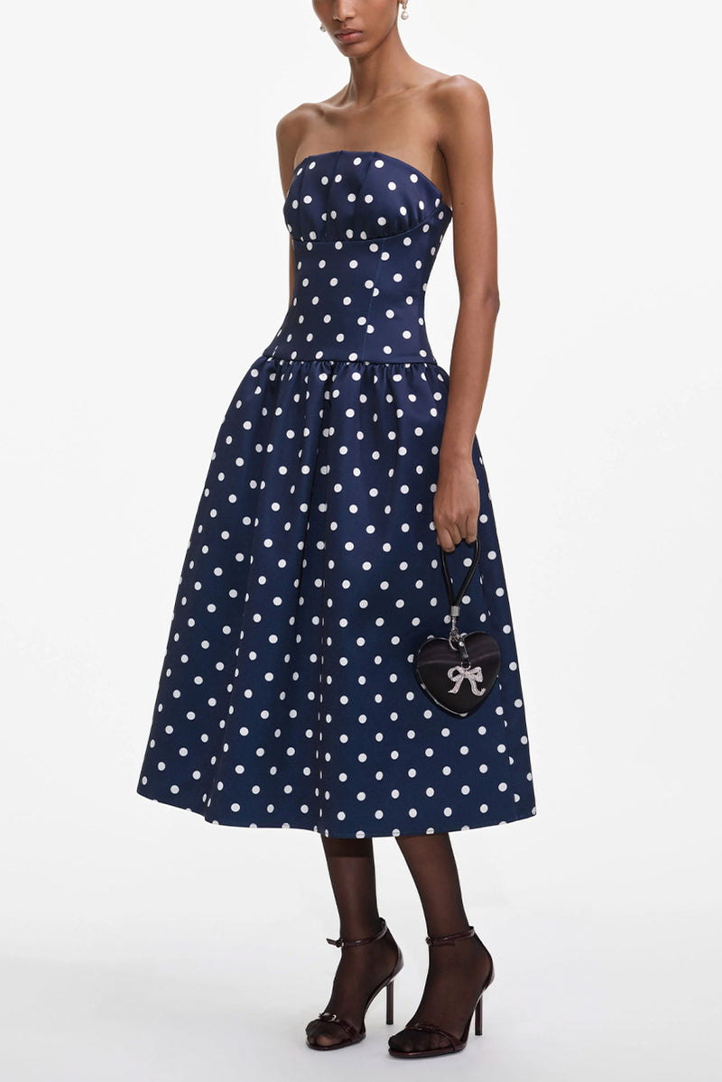 Polka Dot Satin Midi Dress - Navy