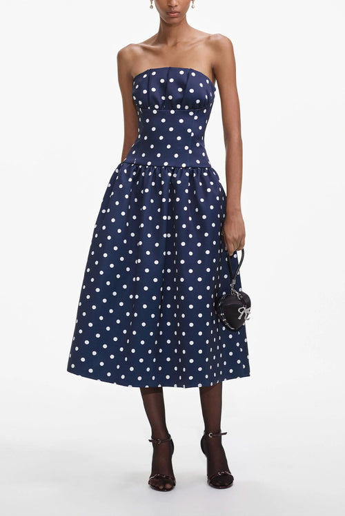 Polka Dot Satin Midi Dress - Navy