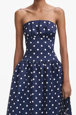 Polka Dot Satin Midi Dress - Navy