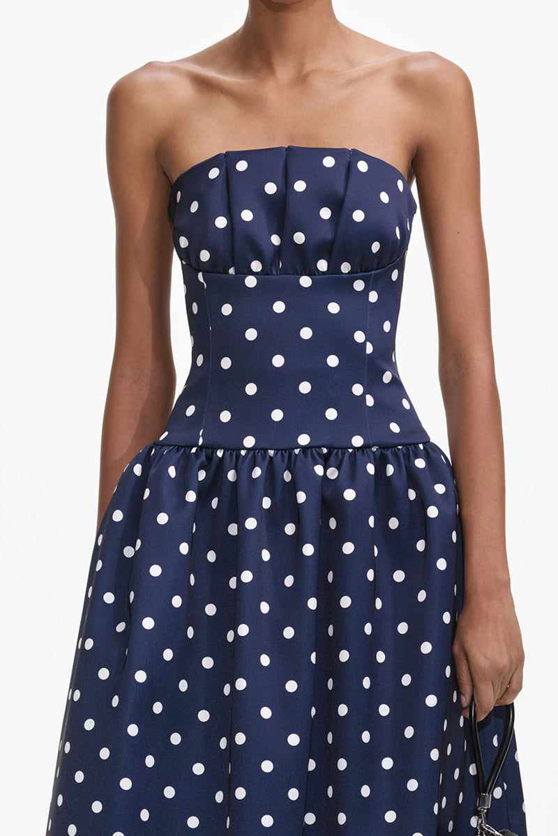 Polka Dot Satin Midi Dress - Navy