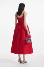 Taffeta Diamante Midi Dress - Red