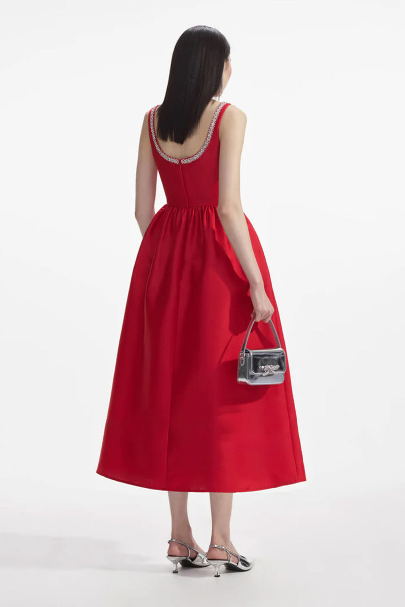 Taffeta Diamante Midi Dress - Red