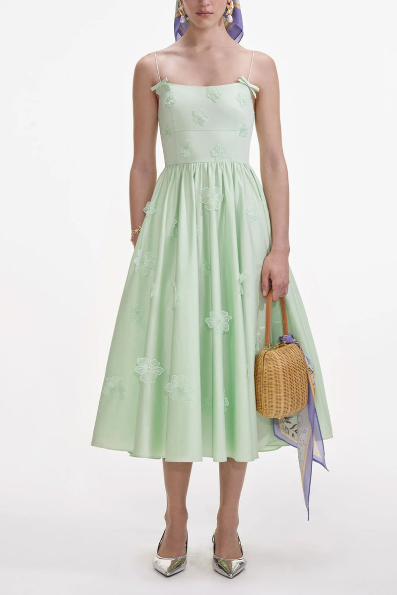 Cotton Flower Midi Dress - Green