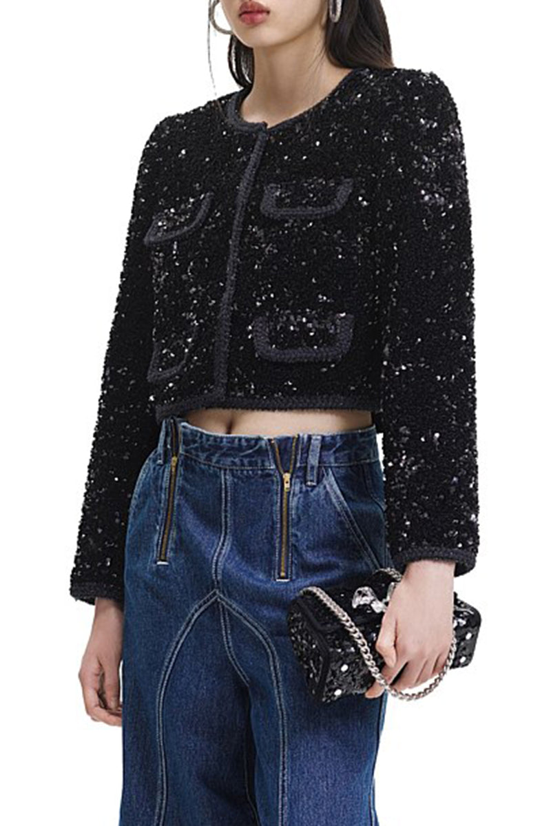 Sequin Cropped Jacket - Black