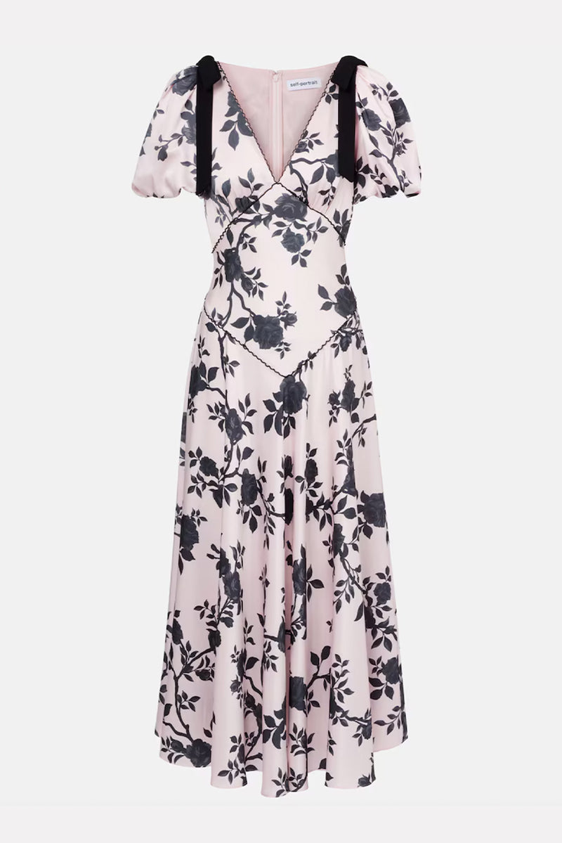 Satin Floral Midi Dress - Pink