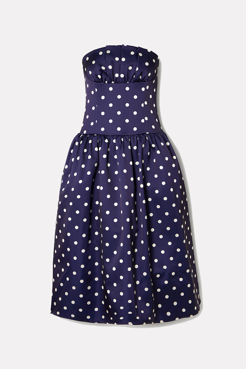 Polka Dot Satin Midi Dress - Navy