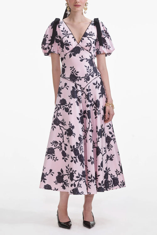 Satin Floral Midi Dress - Pink