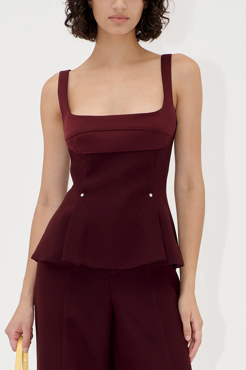 Double Sided Crepe Fitted Waist Top - Aubergine