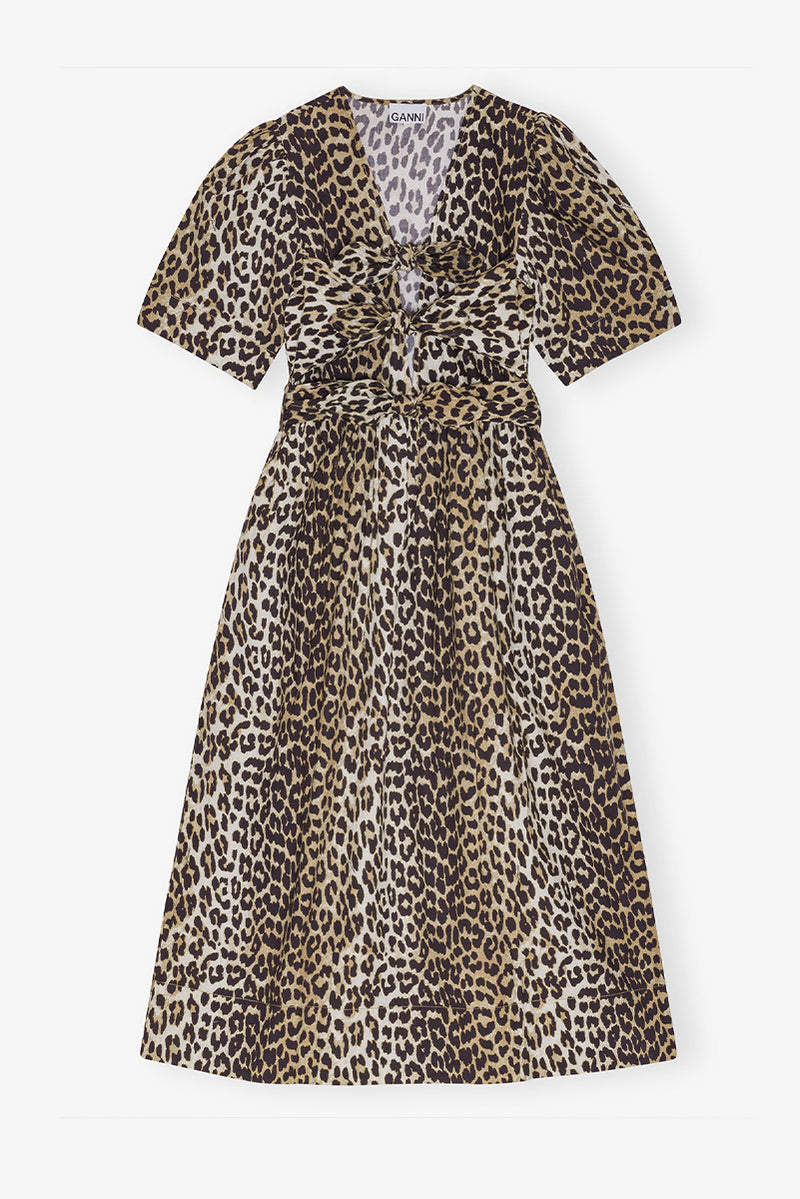 Printed Cotton Tie Strap Midi Dress - Leopard